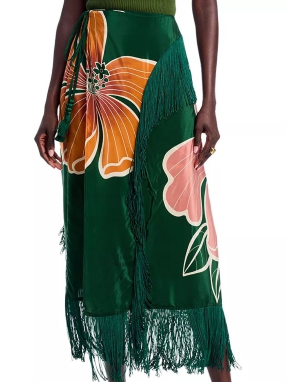 NWT Farm Rio Honolulu Flowers Green Floral Maxi Skirt with Fringe. Sz L